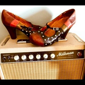 38 Chie Mihara heels, 3 color leather, polka dots. Adjustable buckle.